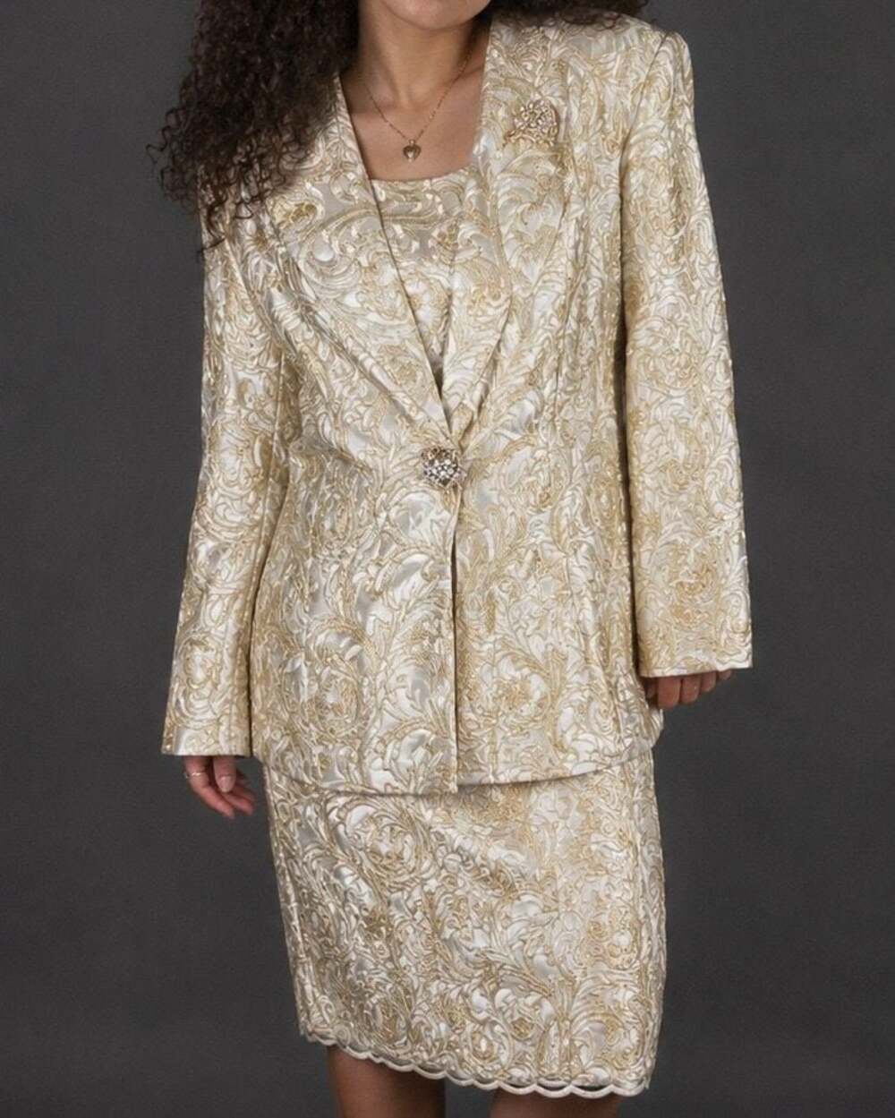 Lily & Taylor Ivory and Gold Floral French Guipure Lace Skirt Suit Set
